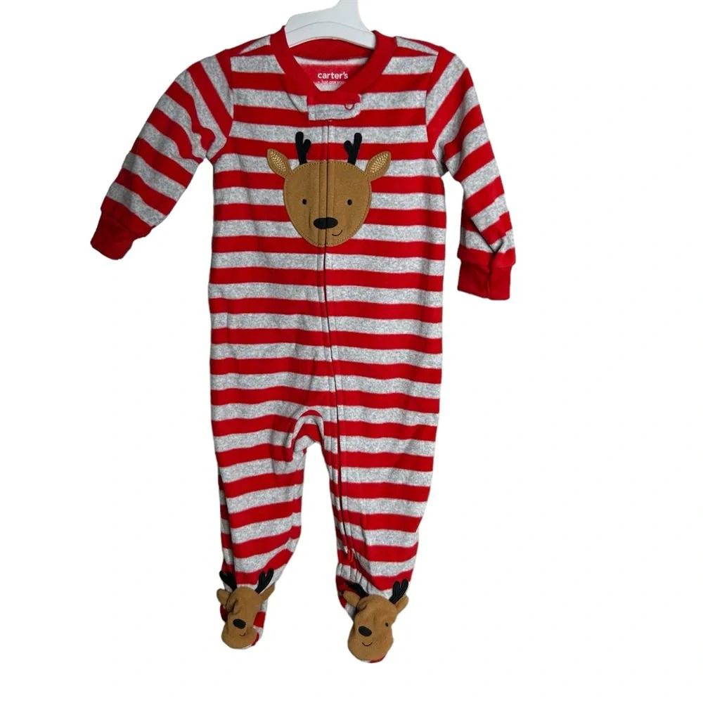 NWT Carter's Baby Red & Gray Striped Reindeer Theme Christmas Sleeper